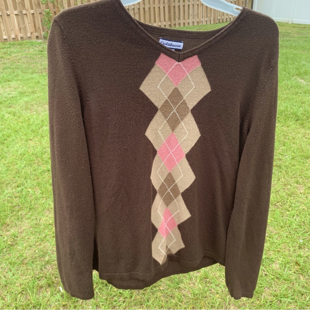 Croft & Barrow Womens Brown Argyle Neck Sweater